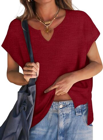 OFEEFAN Women's Cap Sleeve Shirts Casual Summer V Neck Tunic Tops Loose Tshirts Side Slit S-3XL in Kuwait