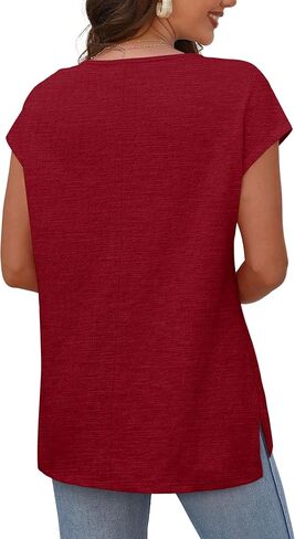 OFEEFAN Women's Cap Sleeve Shirts Casual Summer V Neck Tunic Tops Loose Tshirts Side Slit S-3XL in Kuwait