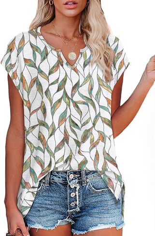OFEEFAN Women's Cap Sleeve Shirts Casual Summer V Neck Tunic Tops Loose Tshirts Side Slit S-3XL in Kuwait