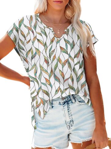 OFEEFAN Women's Cap Sleeve Shirts Casual Summer V Neck Tunic Tops Loose Tshirts Side Slit S-3XL in Kuwait