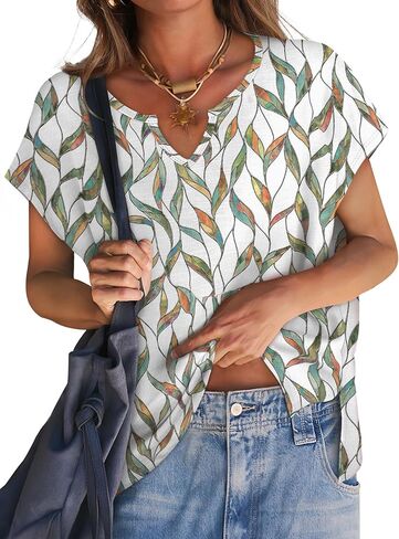 OFEEFAN Women's Cap Sleeve Shirts Casual Summer V Neck Tunic Tops Loose Tshirts Side Slit S-3XL in Kuwait