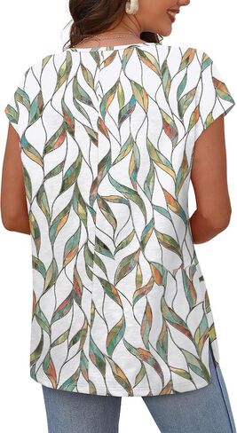 OFEEFAN Women's Cap Sleeve Shirts Casual Summer V Neck Tunic Tops Loose Tshirts Side Slit S-3XL in Kuwait