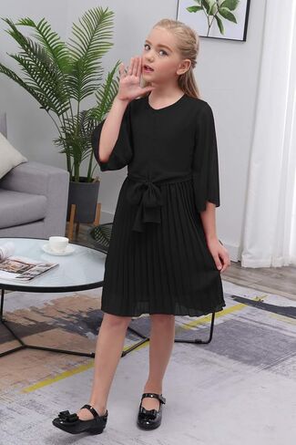 فستان GORLYA للفتيات بأكمام جرس وربطة عنق أمامية كاجوال أنيق ومضيء من الشيفون المطوي للأطفال من عمر 4 إلى 14 طن in Kuwait