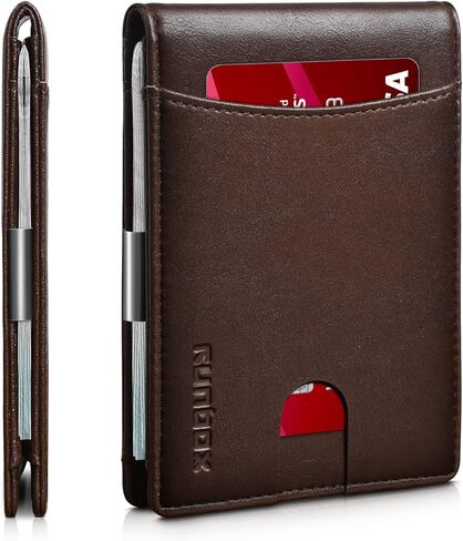 رونبوكس محفظة من جلد البقر الطبيعي بطبقة علوية للرجال - محفظة رفيعة للرجال - محفظة نقود مزودة بتقنية تحديد الهوية بموجات الراديو - صندوق هدايا، الجيل الاول - 11 فتحة، تصميم بسيط in Kuwait