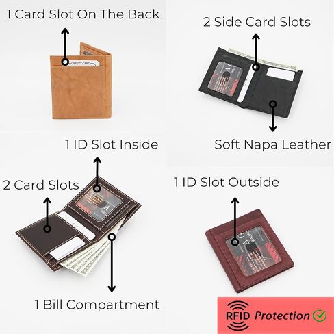 محفظة AG Wallets جلدية رفيعة بتقنية RFID وحامل بطاقات، وفتحتان لبطاقة الهوية، وفتحات متعددة لبطاقات الائتمان، ومقصورة واحدة للفواتير (BlackNapa) in Kuwait