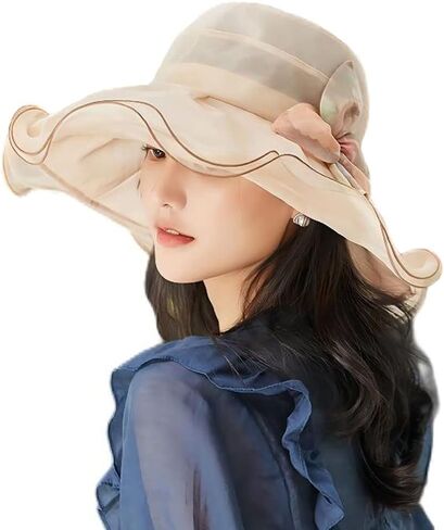 Lace Beige Sun Hat Women|UV Radiation protectionHat| Mulberry Silk Style Big Brim Hat|with Sweatband and Windproof Cord in Saudi Arabia