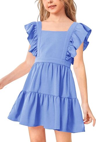 Imily Bela Girls Square Neck Summer Dress Ruffle Sleeve A-line Swing Casual Party Mini Dresses 5-14 Years in Saudi Arabia