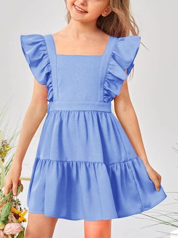 Imily Bela Girls Square Neck Summer Dress Ruffle Sleeve A-line Swing Casual Party Mini Dresses 5-14 Years in Saudi Arabia