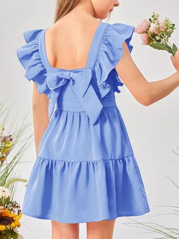 Imily Bela Girls Square Neck Summer Dress Ruffle Sleeve A-line Swing Casual Party Mini Dresses 5-14 Years in Saudi Arabia