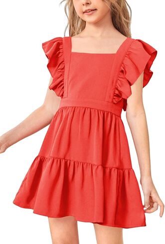 Imily Bela Girls Square Neck Summer Dress Ruffle Sleeve A-line Swing Casual Party Mini Dresses 5-14 Years in Saudi Arabia