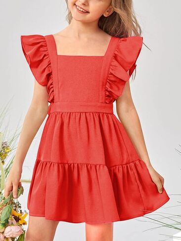 Imily Bela Girls Square Neck Summer Dress Ruffle Sleeve A-line Swing Casual Party Mini Dresses 5-14 Years in Saudi Arabia