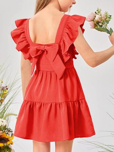 Imily Bela Girls Square Neck Summer Dress Ruffle Sleeve A-line Swing Casual Party Mini Dresses 5-14 Years in Saudi Arabia