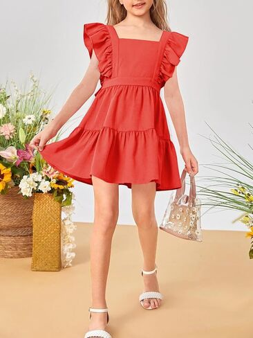 Imily Bela Girls Square Neck Summer Dress Ruffle Sleeve A-line Swing Casual Party Mini Dresses 5-14 Years in Saudi Arabia