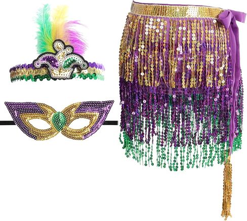 Savgkoyt Mardi Gras Costume Set with Sequins Tassel Skirt Feather Headband Sequins Mask Mardi Gras Outfit for Women Mardi Gras Masquerade Party Photo Props in Kuwait
