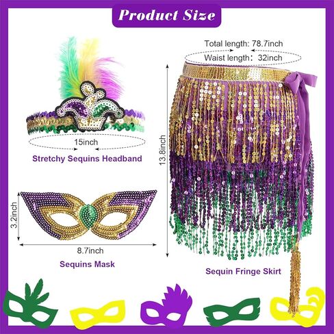 Savgkoyt Mardi Gras Costume Set with Sequins Tassel Skirt Feather Headband Sequins Mask Mardi Gras Outfit for Women Mardi Gras Masquerade Party Photo Props in Kuwait