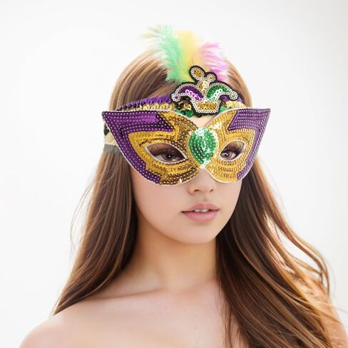 Savgkoyt Mardi Gras Costume Set with Sequins Tassel Skirt Feather Headband Sequins Mask Mardi Gras Outfit for Women Mardi Gras Masquerade Party Photo Props in Kuwait