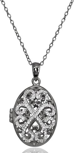Hoops & Loops 925 Sterling Silver Diamond-Cut Oval Filigree Picture Locket Necklace for Women Teen Girls, Silver, Black, Yellow Gold & Rose Gold in Saudi Arabia