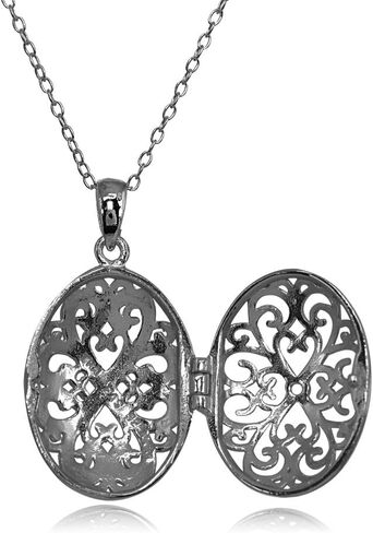 Hoops & Loops 925 Sterling Silver Diamond-Cut Oval Filigree Picture Locket Necklace for Women Teen Girls, Silver, Black, Yellow Gold & Rose Gold in Saudi Arabia