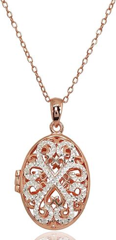 Hoops & Loops 925 Sterling Silver Diamond-Cut Oval Filigree Picture Locket Necklace for Women Teen Girls, Silver, Black, Yellow Gold & Rose Gold in Saudi Arabia