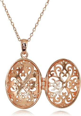 Hoops & Loops 925 Sterling Silver Diamond-Cut Oval Filigree Picture Locket Necklace for Women Teen Girls, Silver, Black, Yellow Gold & Rose Gold in Saudi Arabia