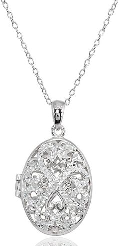 Hoops & Loops 925 Sterling Silver Diamond-Cut Oval Filigree Picture Locket Necklace for Women Teen Girls, Silver, Black, Yellow Gold & Rose Gold in Saudi Arabia