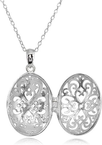 Hoops & Loops 925 Sterling Silver Diamond-Cut Oval Filigree Picture Locket Necklace for Women Teen Girls, Silver, Black, Yellow Gold & Rose Gold in Saudi Arabia