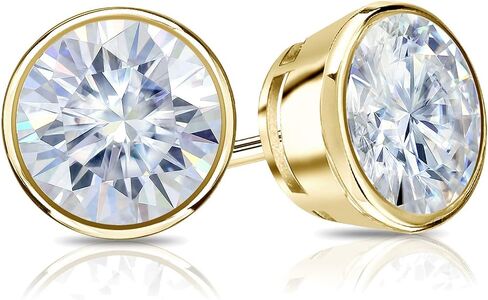 18k Gold Round Moissanite Stud Earrings (1 to 7ct TGW, H-I) Bezel-set, Screw-Back by Diamond Wish in Saudi Arabia