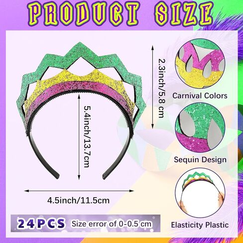 Hotop 24 Pcs Mardi Gras Headbands Bulk Women Mardi Gras Crown Glitter Mardi Gras Tiara Sequin Gold Purple Green Carnival Costume Hair Hoop for Women Girl Mardi Gras Party Dress up Hair Accessories in Saudi Arabia