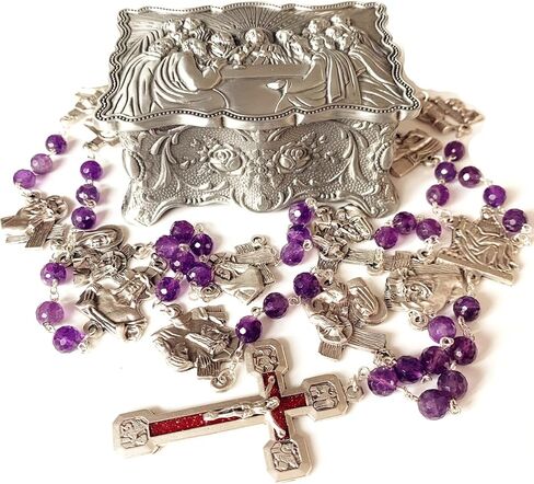 elegantmedical Stations of the Cross Prayer Rosary Natural Faceted Amethyst Beads Necklace Catholic Gifts Last Supper Box in Saudi Arabia