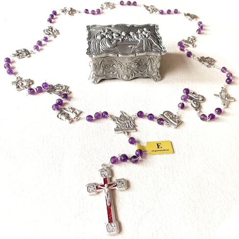 elegantmedical Stations of the Cross Prayer Rosary Natural Faceted Amethyst Beads Necklace Catholic Gifts Last Supper Box in Saudi Arabia