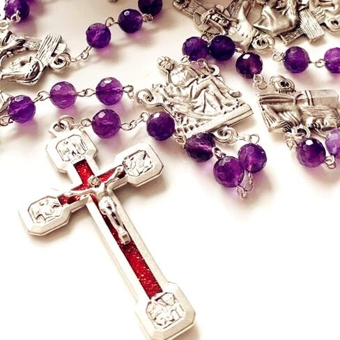elegantmedical Stations of the Cross Prayer Rosary Natural Faceted Amethyst Beads Necklace Catholic Gifts Last Supper Box in Saudi Arabia