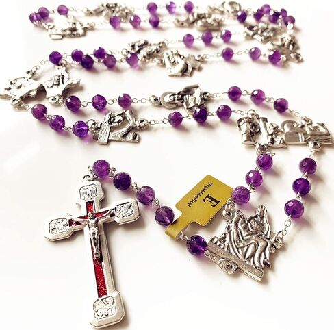 elegantmedical Stations of the Cross Prayer Rosary Natural Faceted Amethyst Beads Necklace Catholic Gifts Last Supper Box in Saudi Arabia