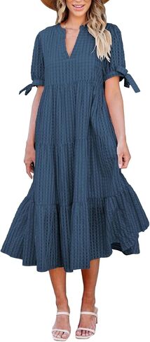 Theenkoln Womens Casual Midi Dress: Short Sleeve V-Neck Empire Waist Gingham Spring Fashion Long Trendy Tiered Formal Dresses in Saudi Arabia