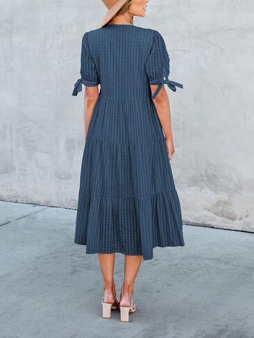 Theenkoln Womens Casual Midi Dress: Short Sleeve V-Neck Empire Waist Gingham Spring Fashion Long Trendy Tiered Formal Dresses in Saudi Arabia