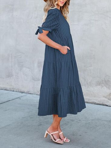 Theenkoln Womens Casual Midi Dress: Short Sleeve V-Neck Empire Waist Gingham Spring Fashion Long Trendy Tiered Formal Dresses in Saudi Arabia