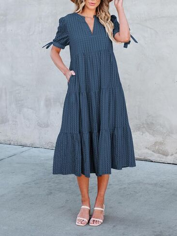 Theenkoln Womens Casual Midi Dress: Short Sleeve V-Neck Empire Waist Gingham Spring Fashion Long Trendy Tiered Formal Dresses in Saudi Arabia