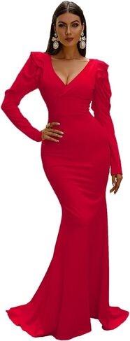 فستان Lin Lin Q نسائي رسمي طويل برقبة على شكل حرف V وأكمام طويلة للحفلات الراقصة، فساتين حفلات حورية البحر بطول الأرض in Kuwait