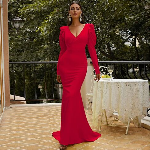 فستان Lin Lin Q نسائي رسمي طويل برقبة على شكل حرف V وأكمام طويلة للحفلات الراقصة، فساتين حفلات حورية البحر بطول الأرض in Kuwait