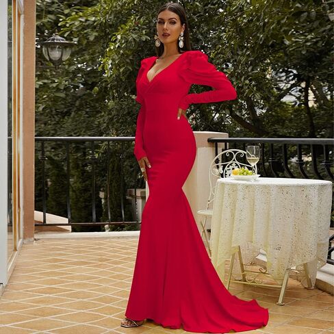 فستان Lin Lin Q نسائي رسمي طويل برقبة على شكل حرف V وأكمام طويلة للحفلات الراقصة، فساتين حفلات حورية البحر بطول الأرض in Kuwait