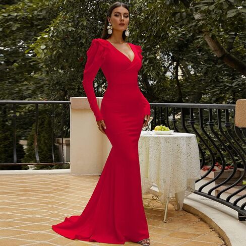 فستان Lin Lin Q نسائي رسمي طويل برقبة على شكل حرف V وأكمام طويلة للحفلات الراقصة، فساتين حفلات حورية البحر بطول الأرض in Kuwait