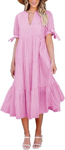 Theenkoln Womens Casual Midi Dress: Short Sleeve V-Neck Empire Waist Gingham Spring Fashion Long Trendy Tiered Formal Dresses in Saudi Arabia