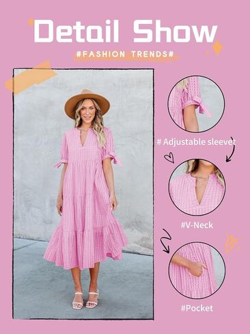 Theenkoln Womens Casual Midi Dress: Short Sleeve V-Neck Empire Waist Gingham Spring Fashion Long Trendy Tiered Formal Dresses in Saudi Arabia