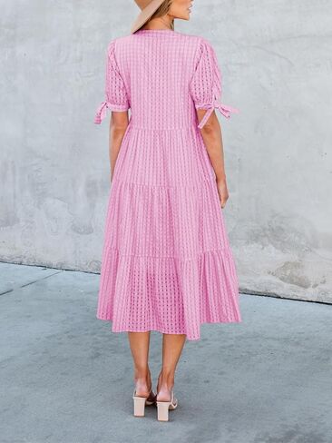 Theenkoln Womens Casual Midi Dress: Short Sleeve V-Neck Empire Waist Gingham Spring Fashion Long Trendy Tiered Formal Dresses in Saudi Arabia