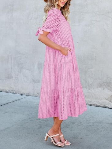 Theenkoln Womens Casual Midi Dress: Short Sleeve V-Neck Empire Waist Gingham Spring Fashion Long Trendy Tiered Formal Dresses in Saudi Arabia