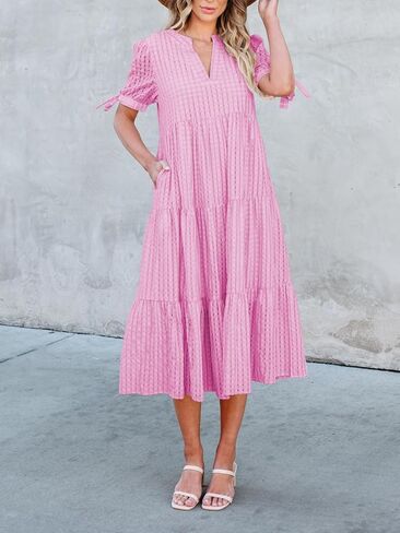 Theenkoln Womens Casual Midi Dress: Short Sleeve V-Neck Empire Waist Gingham Spring Fashion Long Trendy Tiered Formal Dresses in Saudi Arabia