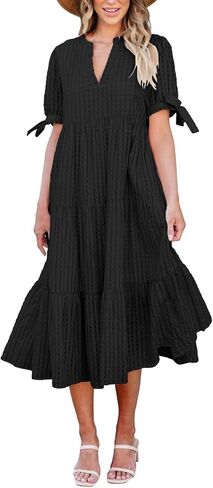 Theenkoln Womens Casual Midi Dress: Short Sleeve V-Neck Empire Waist Gingham Spring Fashion Long Trendy Tiered Formal Dresses in Saudi Arabia
