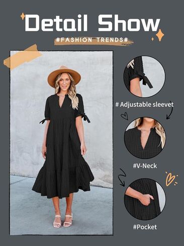 Theenkoln Womens Casual Midi Dress: Short Sleeve V-Neck Empire Waist Gingham Spring Fashion Long Trendy Tiered Formal Dresses in Saudi Arabia