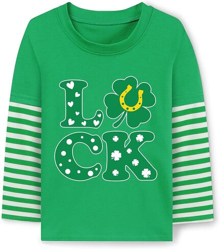 Boys St Patricks Day Shirts Long Sleeve Tees Kids Lucky Clover Graphic Shamrock Green Striped Tops 4-11 Years in Kuwait