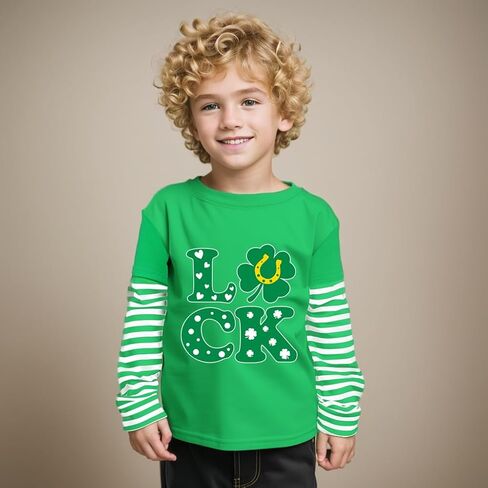 Boys St Patricks Day Shirts Long Sleeve Tees Kids Lucky Clover Graphic Shamrock Green Striped Tops 4-11 Years in Kuwait