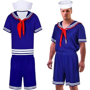 Hercicy 4 Pcs Adult Mens Sailor Set with White Stripes Blue Top Shorts Red Scarf White Sailor Hat Dress Costume Shirts Halloween Costume for Adults Cosplay in Saudi Arabia